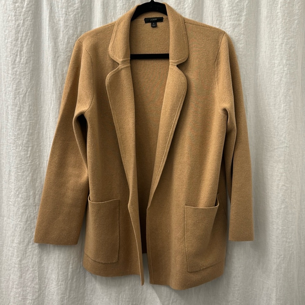 J. Crew Eloise Open Front Sweater Blazer Nutmeg Brown Merino Wool Blend Size S